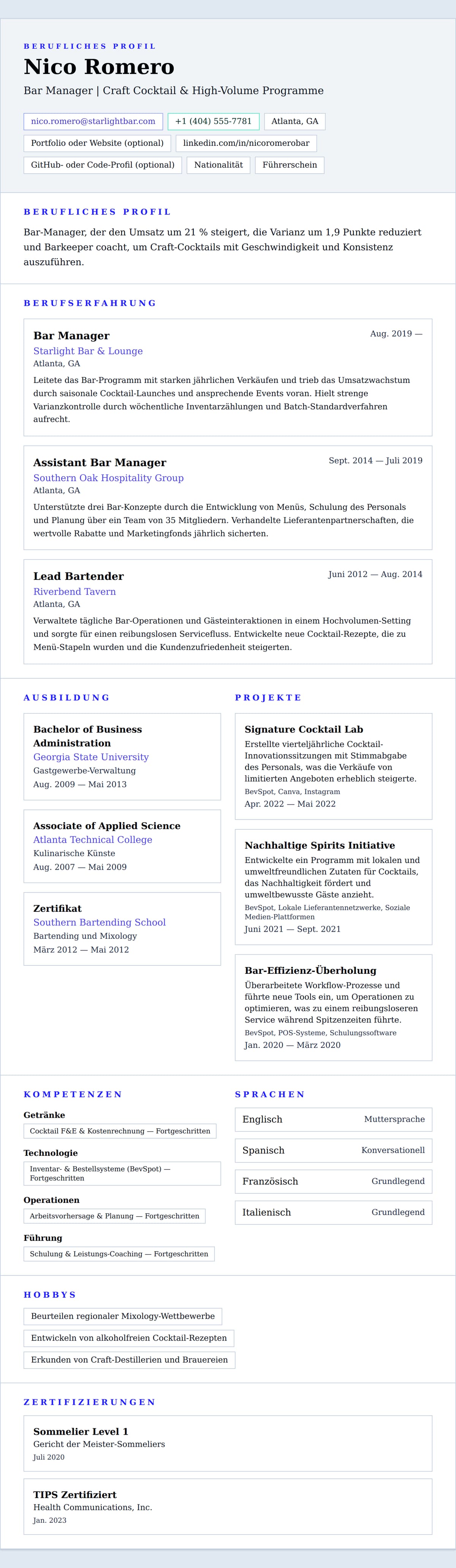 Lebenslaufvorschau für Bar Manager Lebenslauf Beispiel