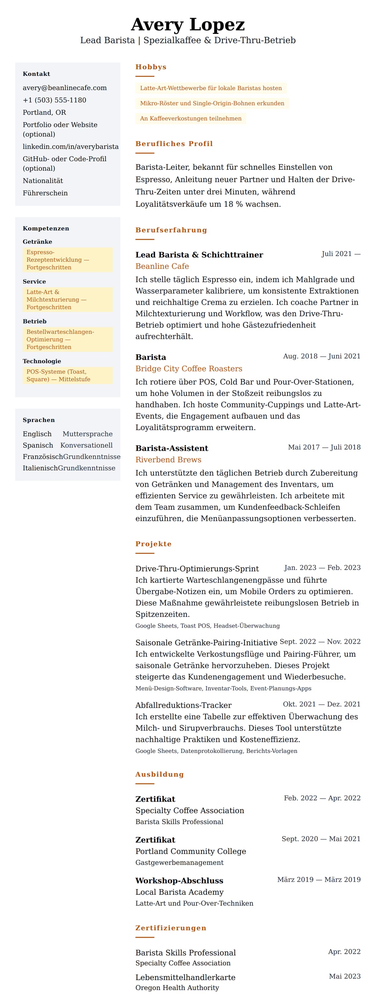 Lebenslaufvorschau für Barista-Lebenslauf-Beispiel