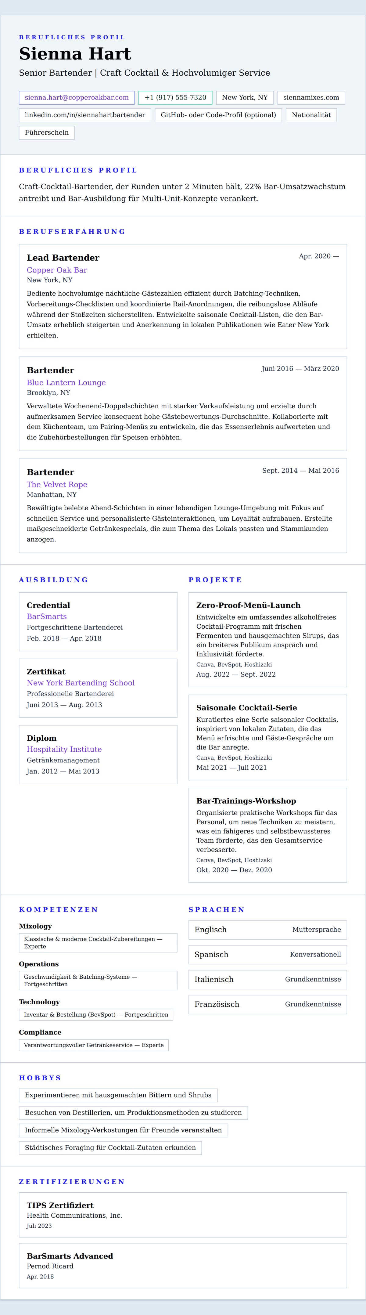 Lebenslaufvorschau für Bartender-Lebenslauf-Beispiel