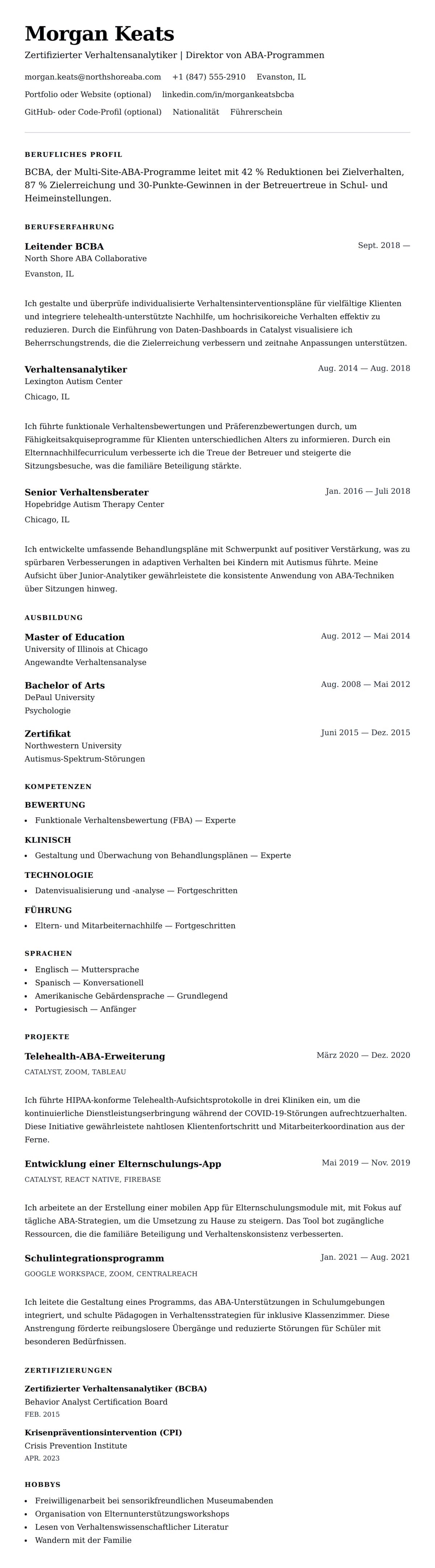 Lebenslaufvorschau für Zertifizierter Verhaltensanalytiker (BCBA) Lebenslaufbeispiel