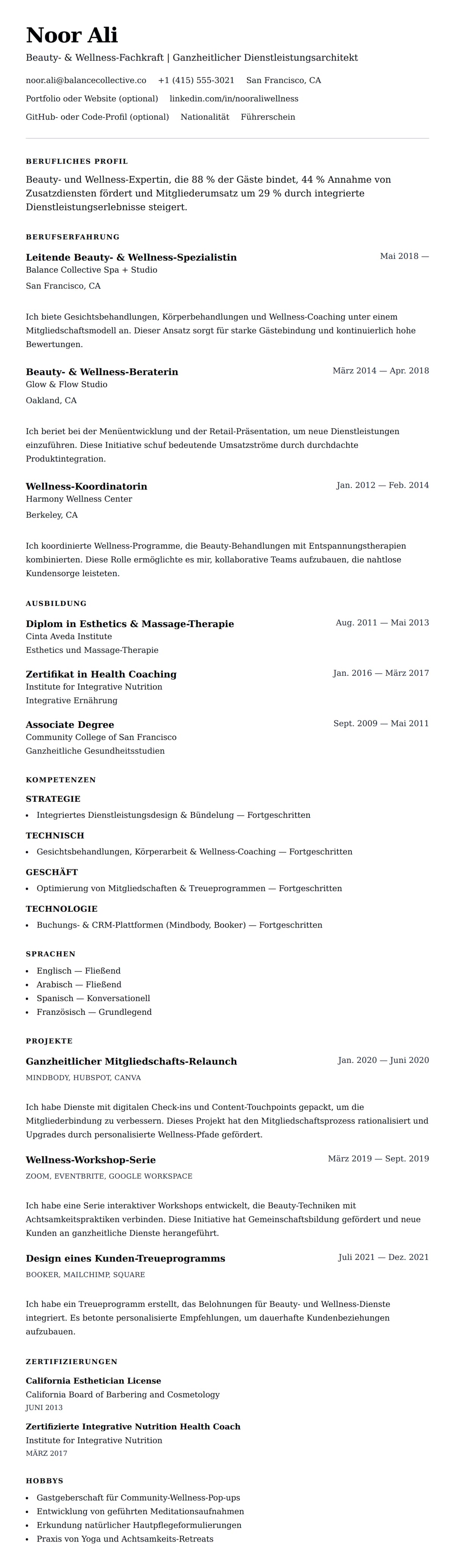 Lebenslaufvorschau für Beauty- und Wellness-Fachkraft Lebenslauf-Beispiel