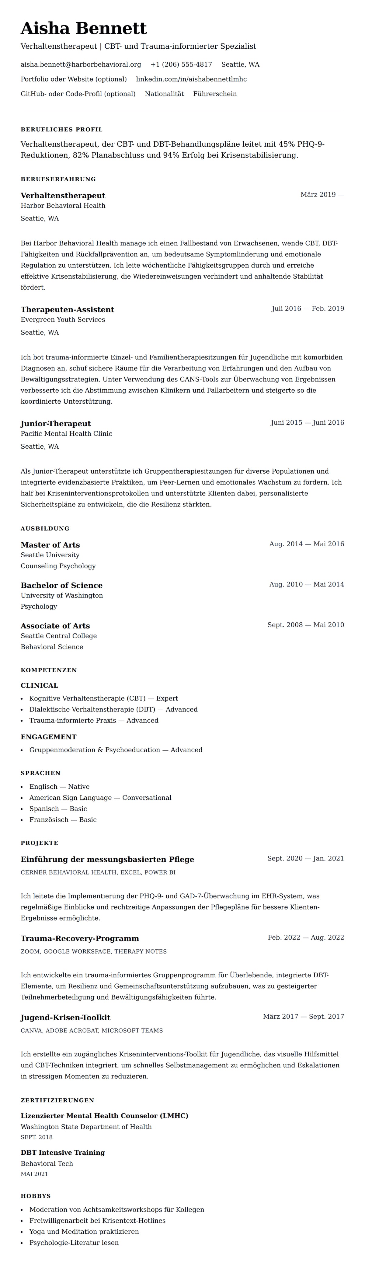 Lebenslaufvorschau für Beispiel-Lebenslauf Verhaltenstherapeut