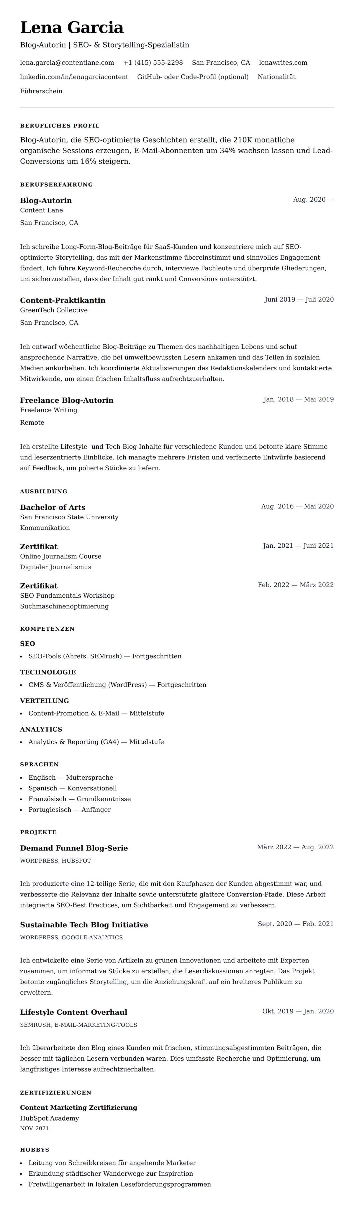 Lebenslaufvorschau für Blog-Autor Lebenslauf-Beispiel