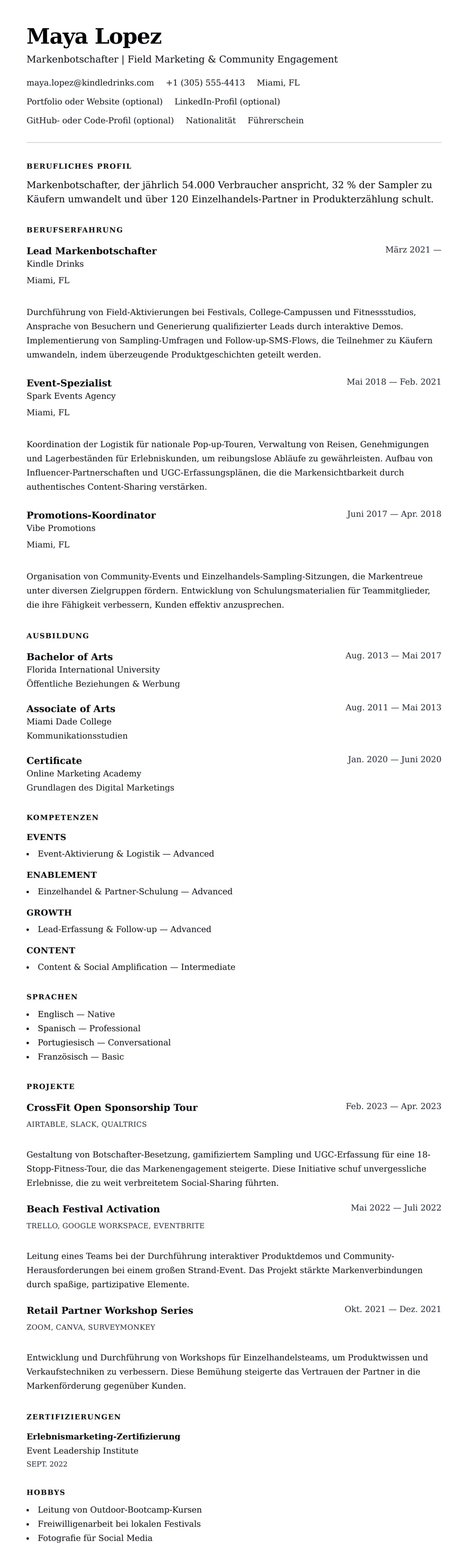 Lebenslaufvorschau für Markenbotschafter Lebenslauf-Beispiel
