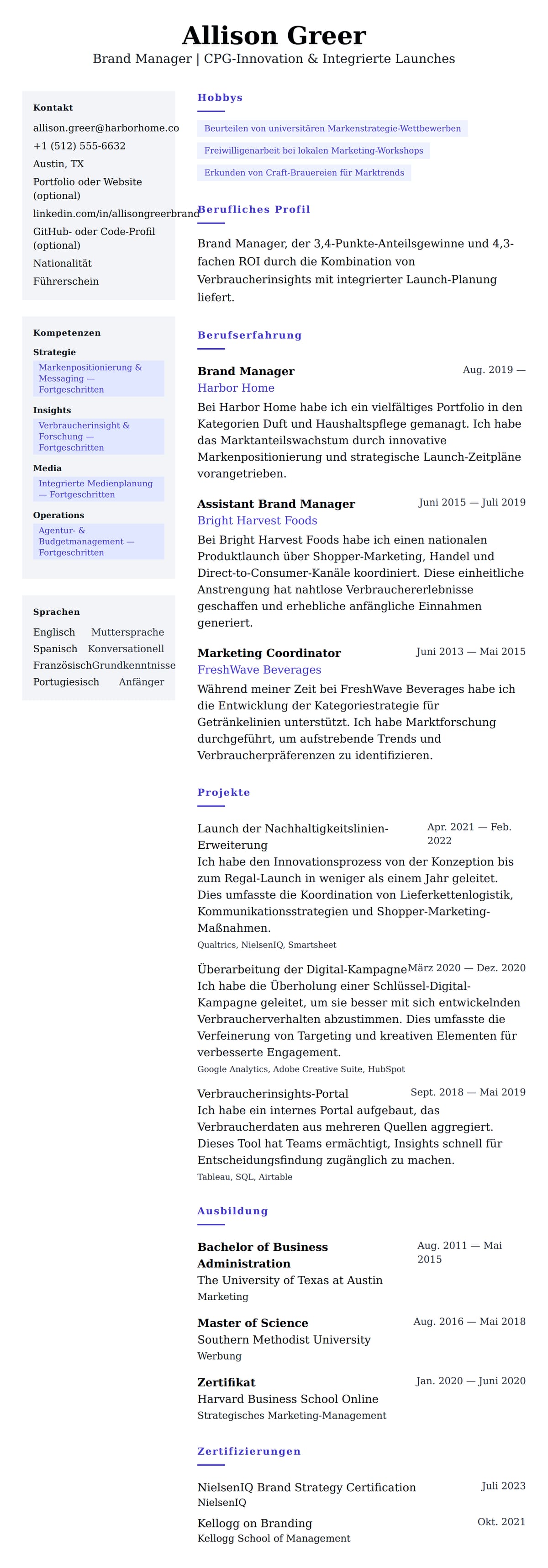 Lebenslaufvorschau für Beispiel-Lebenslauf für Brand Manager