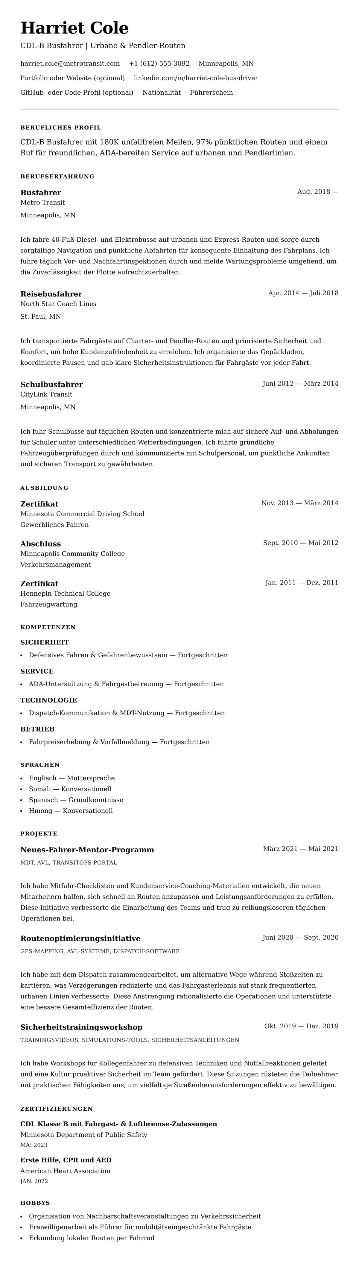 Lebenslaufvorschau für Busfahrer Lebenslaufbeispiel