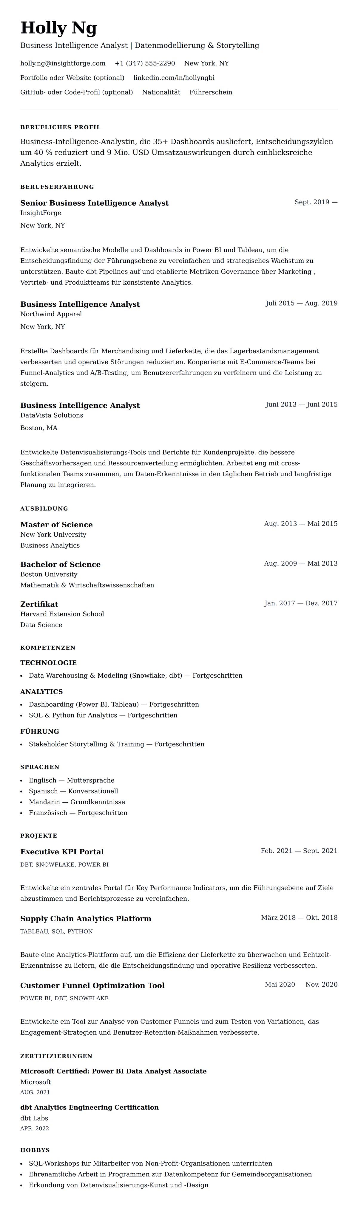 Lebenslaufvorschau für Business Intelligence Analyst Lebenslaufbeispiel