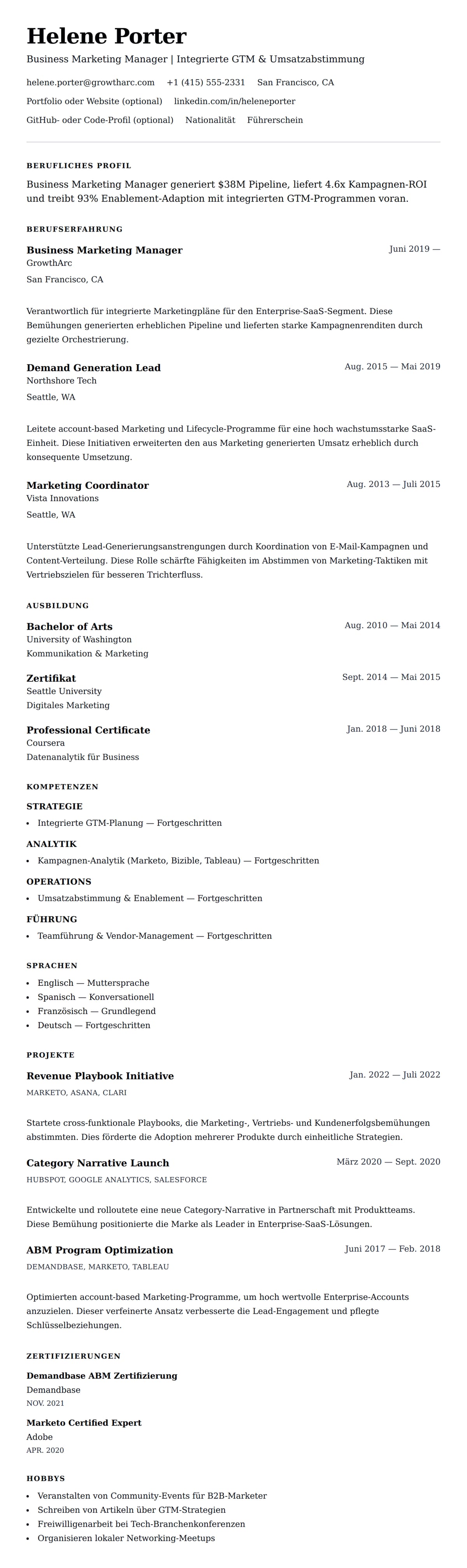 Lebenslaufvorschau für Business Marketing Manager Lebenslaufbeispiel