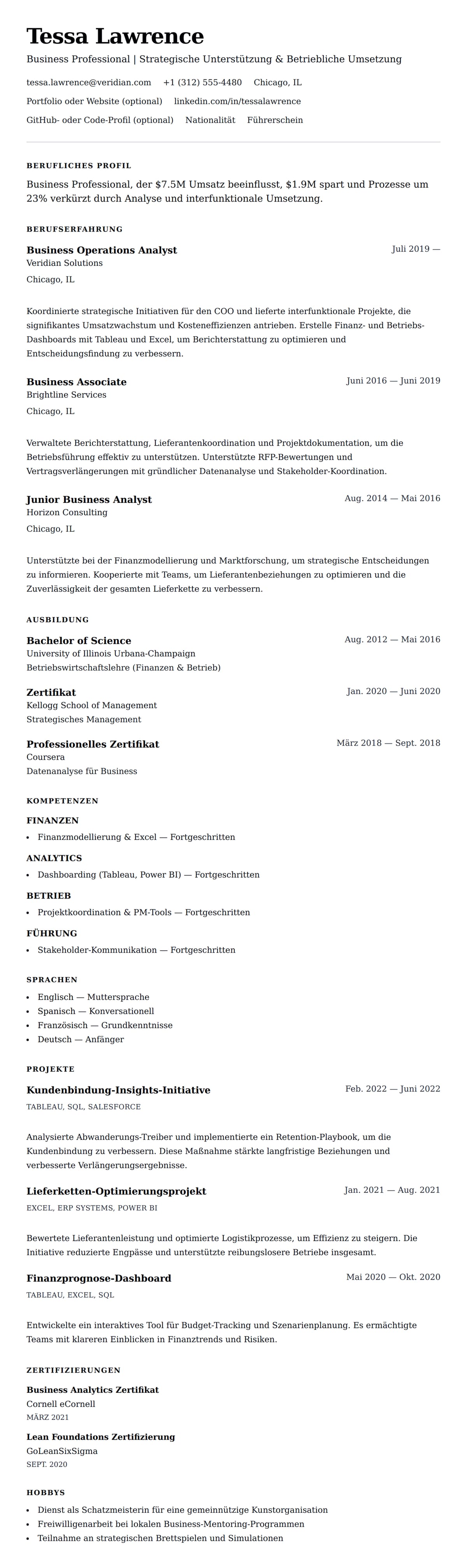 Lebenslaufvorschau für Beispiel-Lebenslauf für Business Professionals