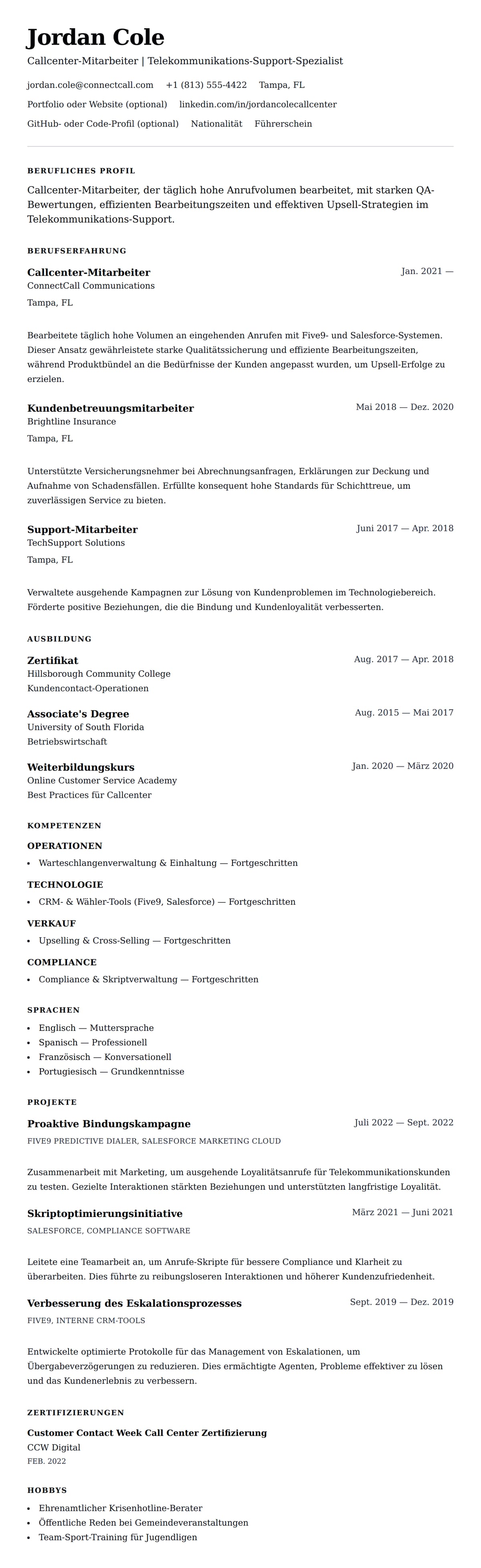 Lebenslaufbeispiel für Callcenter-Mitarbeiter