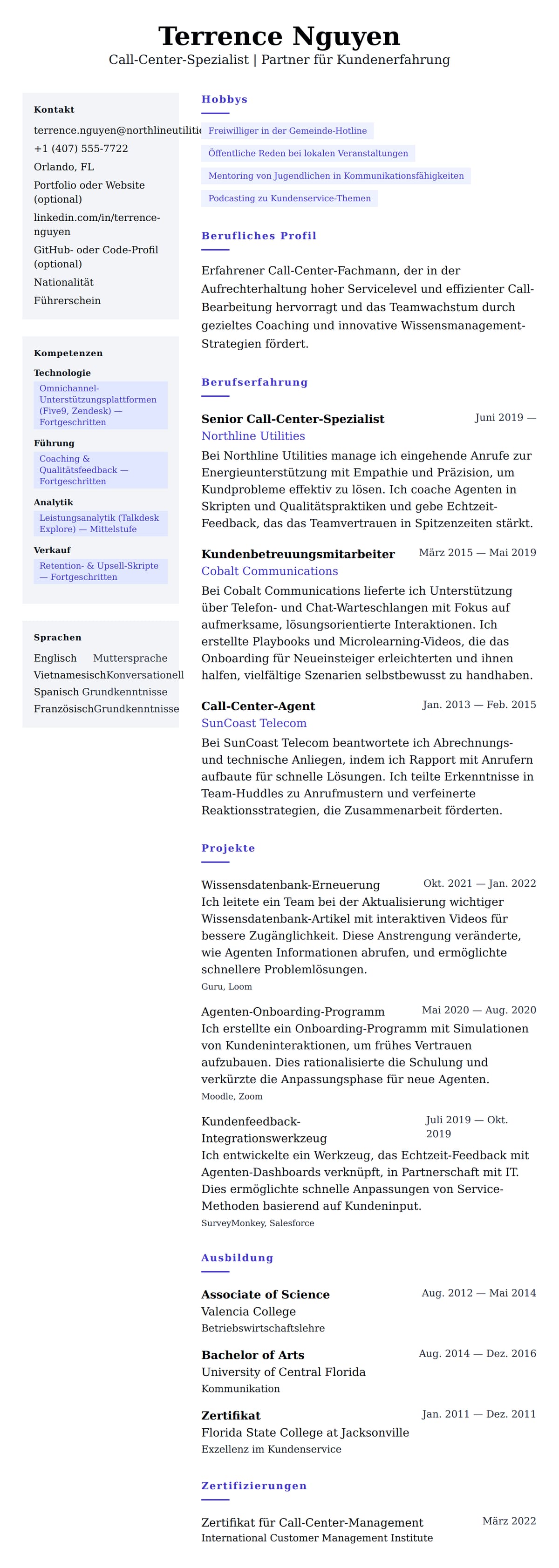 Lebenslaufbeispiel für Call-Center-Fachkräfte