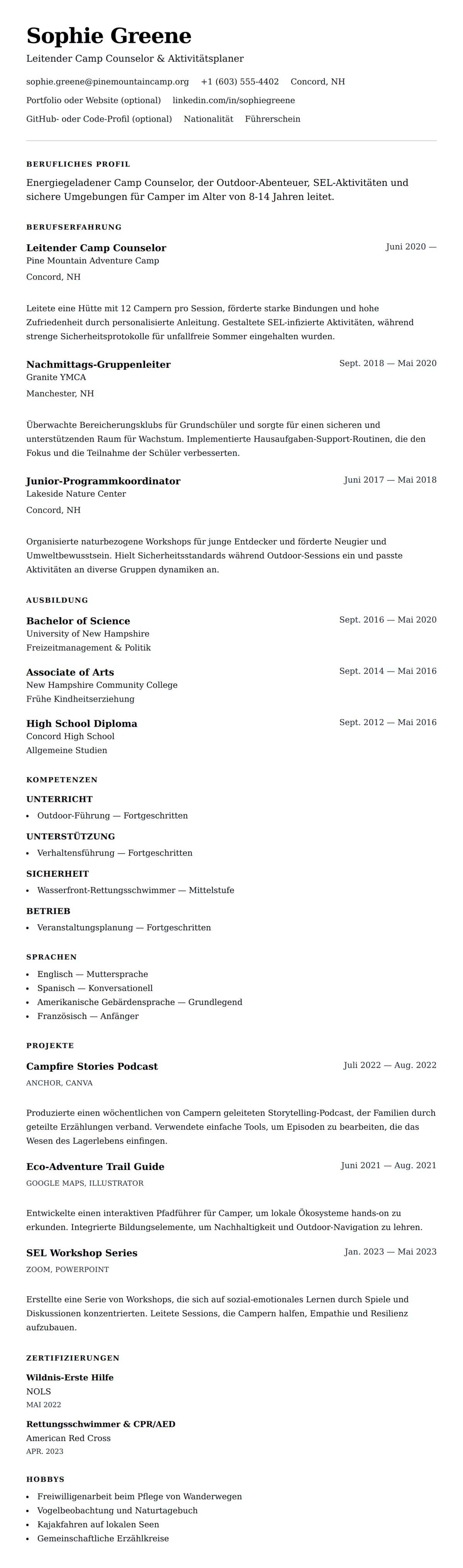 Beispiel-Lebenslauf für Camp Counselor