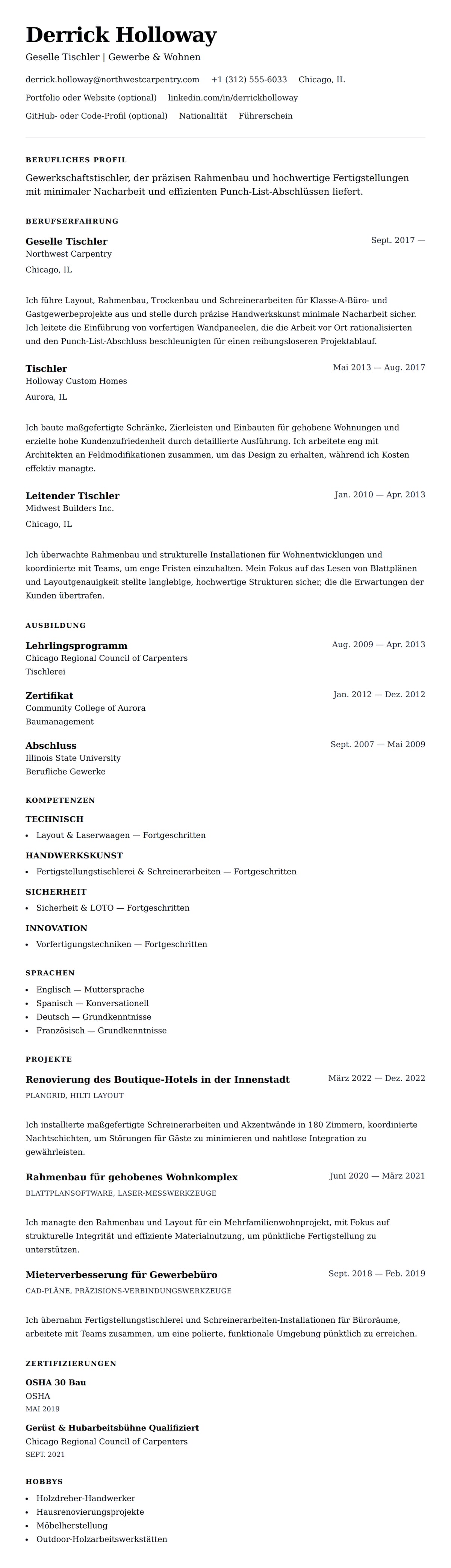 Lebenslaufvorschau für Tischler-Lebenslauf-Beispiel