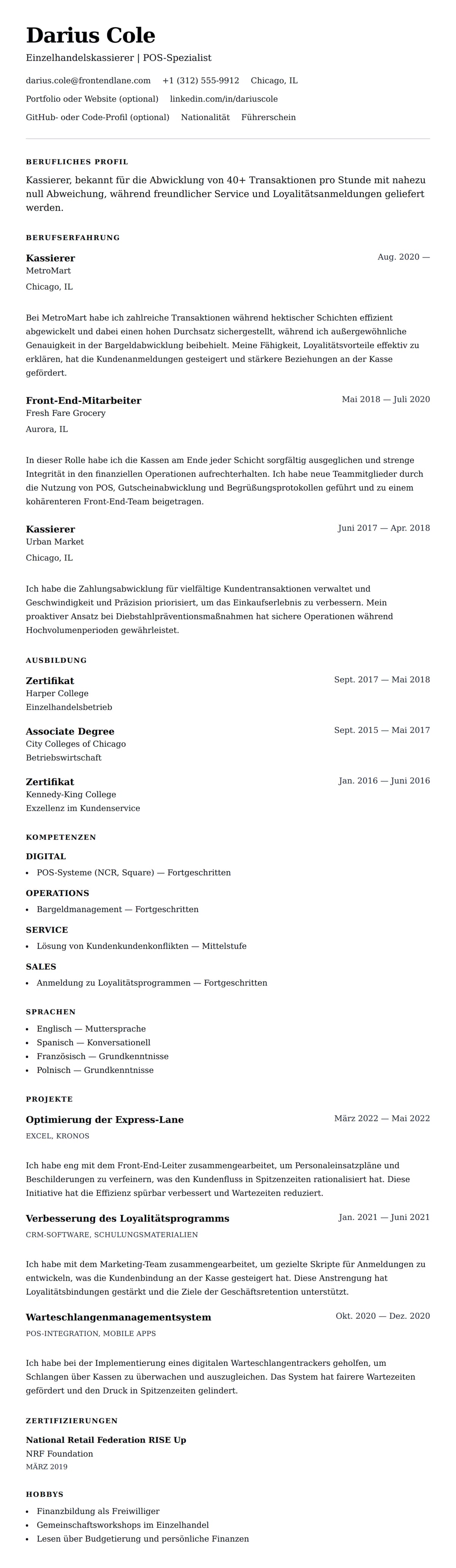 Lebenslaufvorschau für Kassierer-Lebenslauf-Beispiel