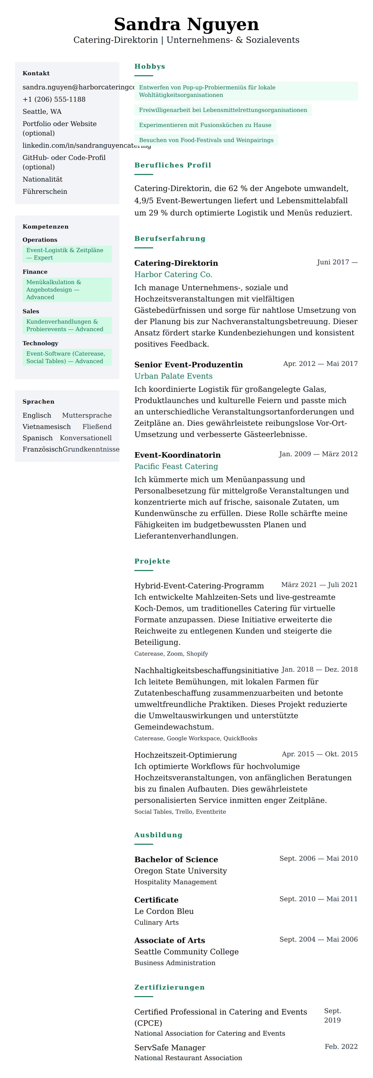 Lebenslaufvorschau für Caterer-Lebenslauf-Beispiel