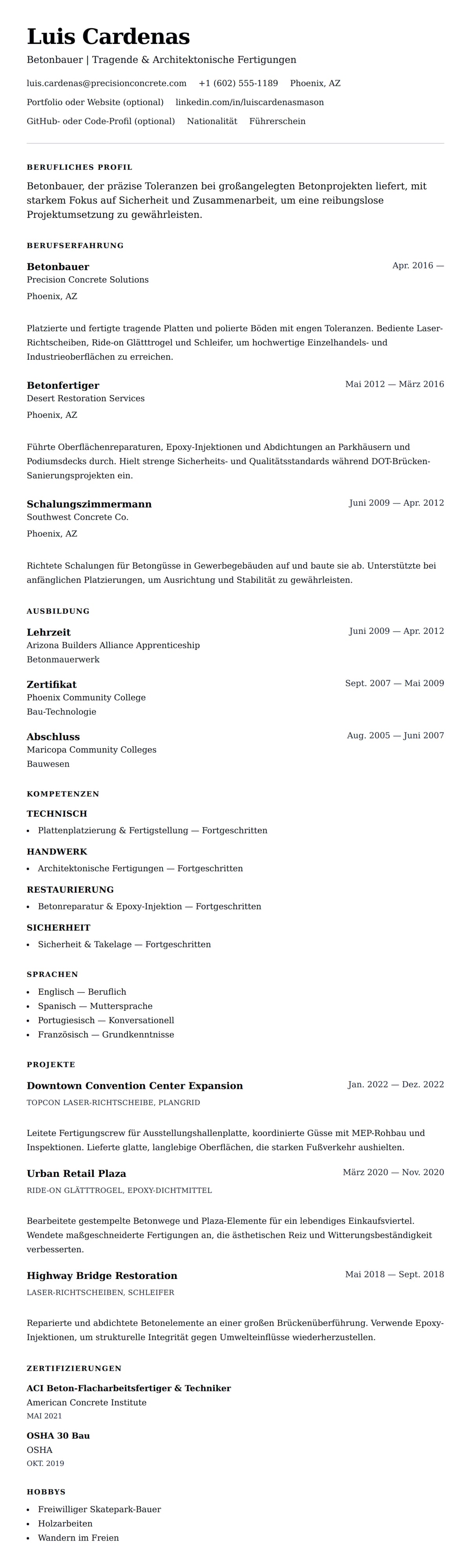 Lebenslaufvorschau für Betonbauer Lebenslauf-Beispiel