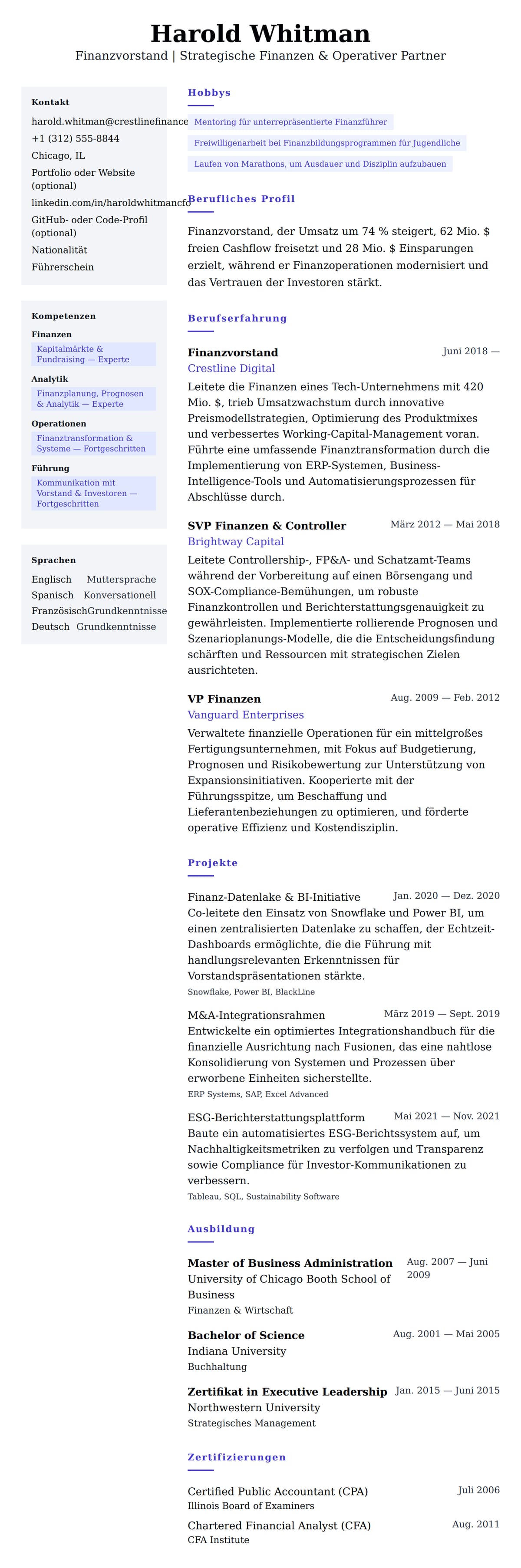Lebenslaufvorschau für Lebenslaufbeispiel für Finanzvorstand