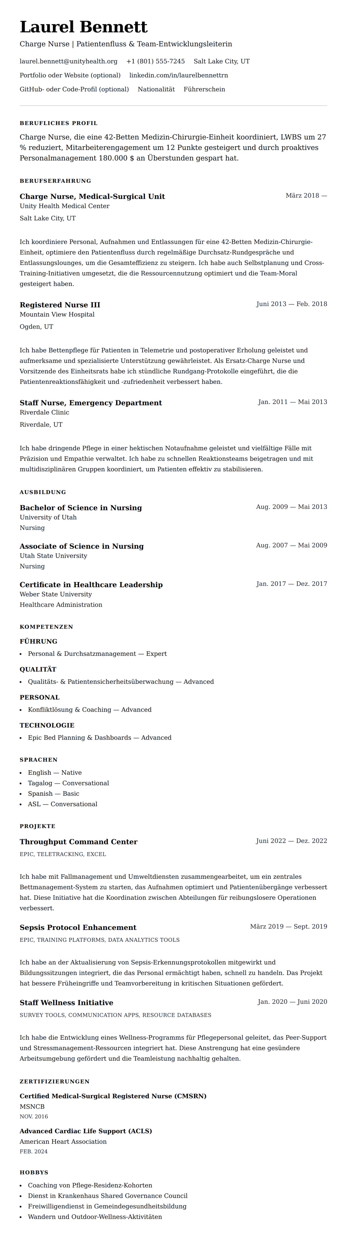 Lebenslaufvorschau für Charge Nurse Lebenslauf-Beispiel