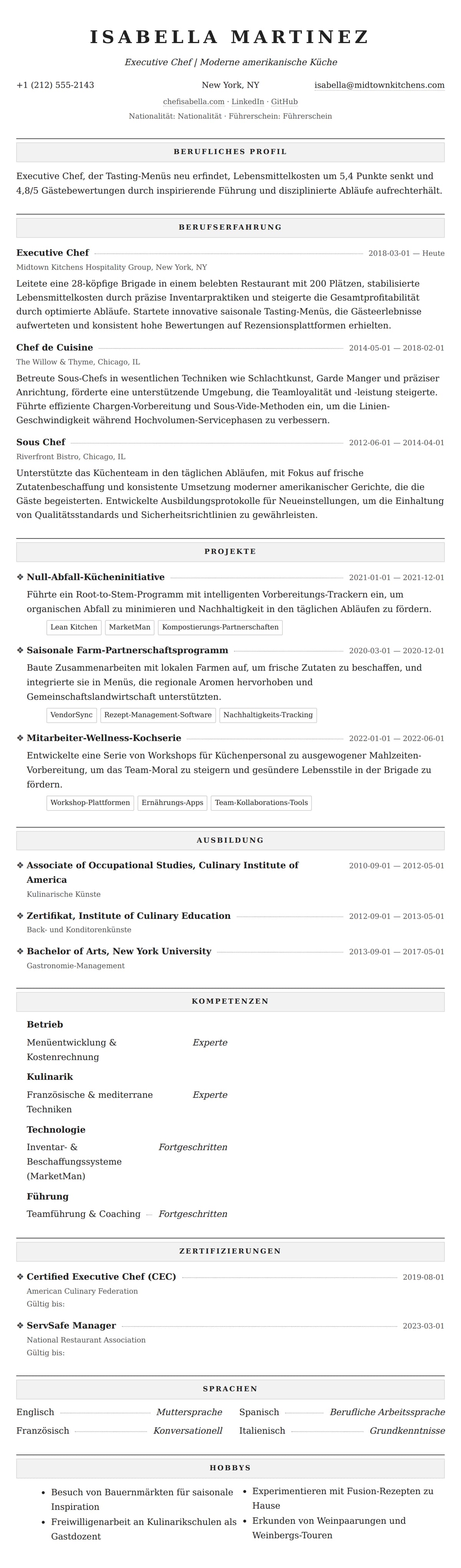 Lebenslaufvorschau für Chef-Lebenslauf-Beispiel