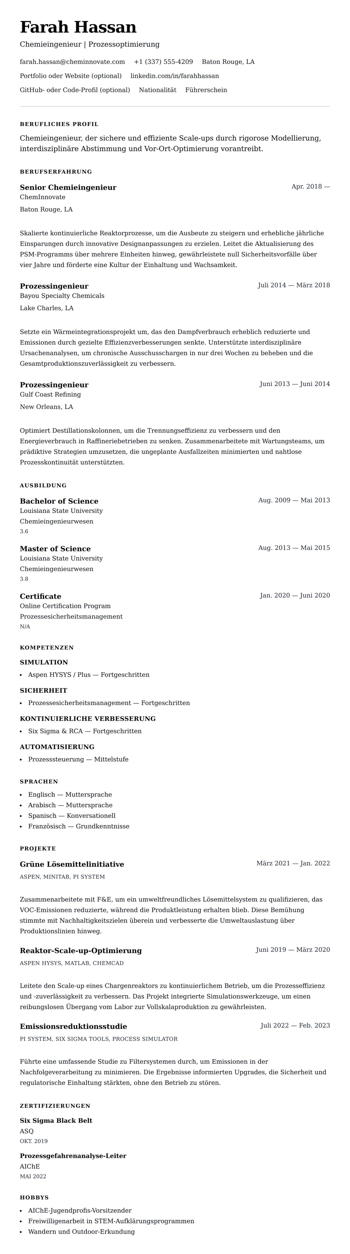 Lebenslaufvorschau für Lebenslaufbeispiel für Chemieingenieure