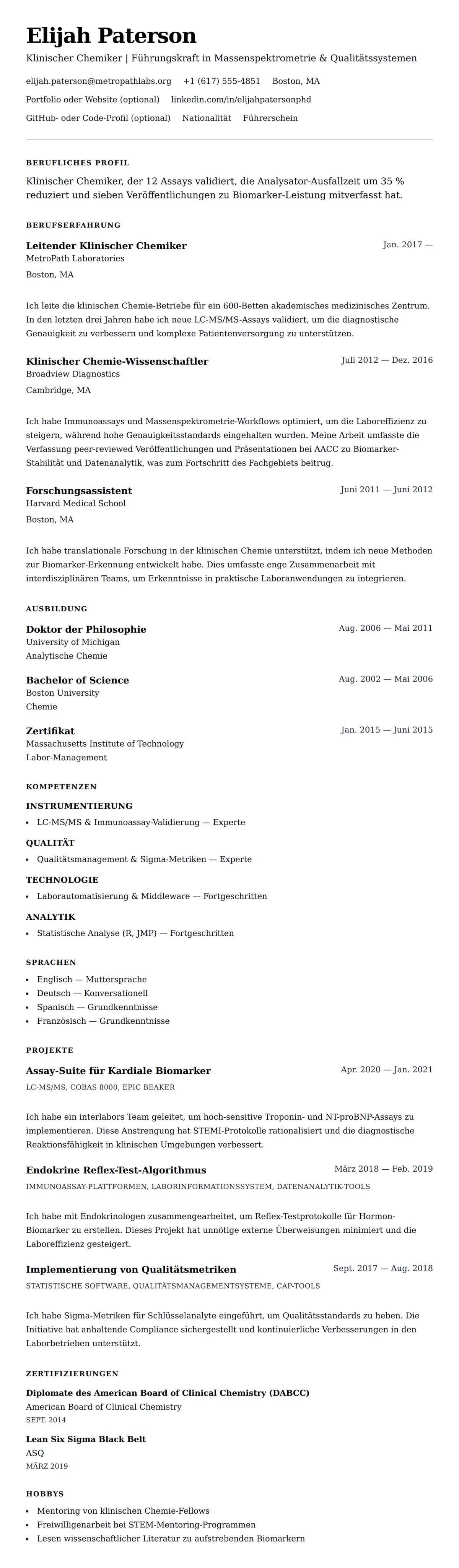 Lebenslaufvorschau für Beispiel-Lebenslauf für Klinischen Chemiker