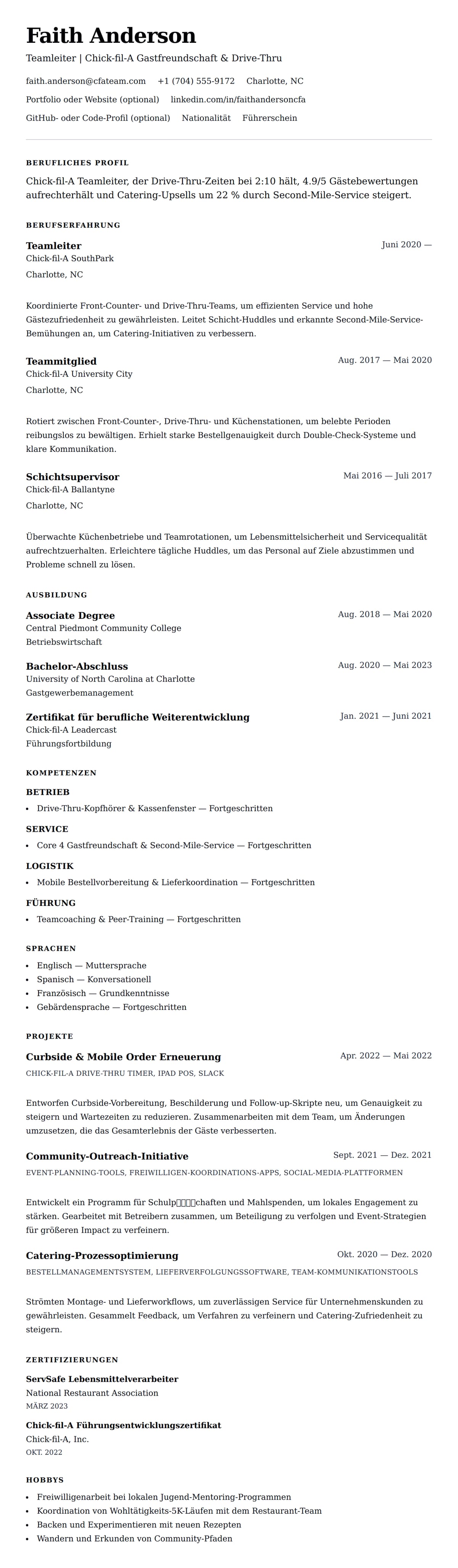 Lebenslaufvorschau für Chick-fil-A Teammitglied Lebenslaufbeispiel