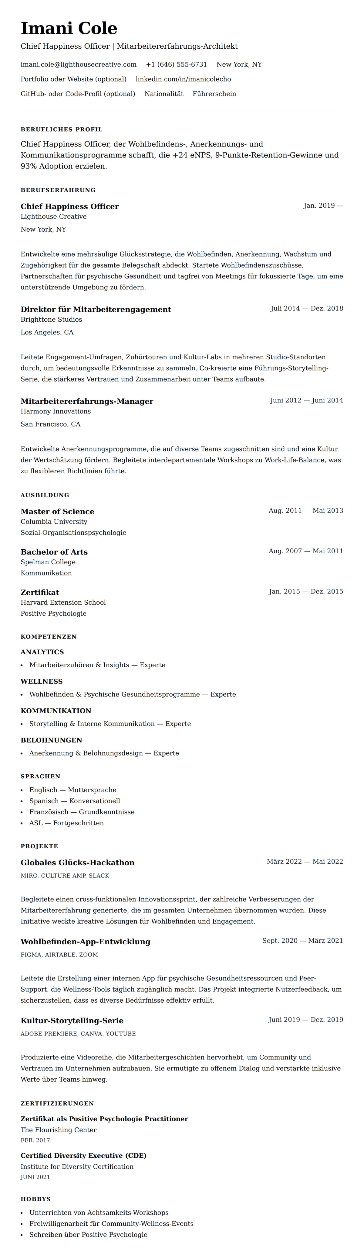 Lebenslaufvorschau für Lebenslaufbeispiel für Chief Happiness Officer (CHO)