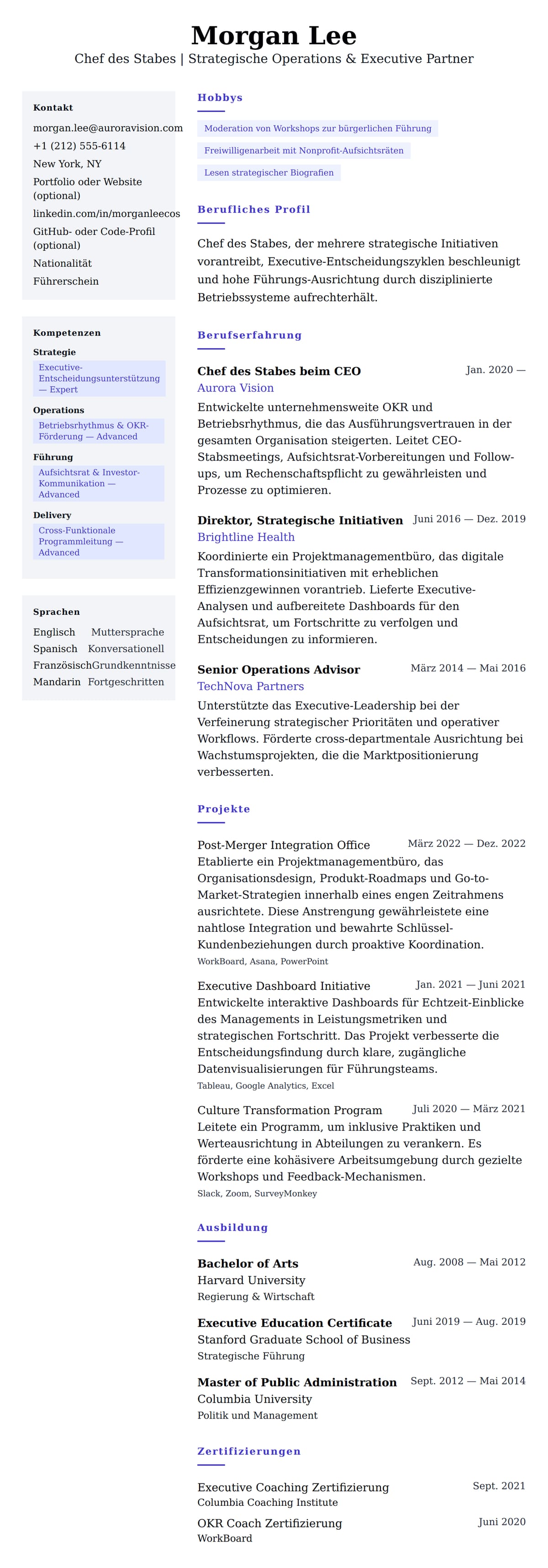 Lebenslaufvorschau für Chef des Stabes Lebenslaufbeispiel