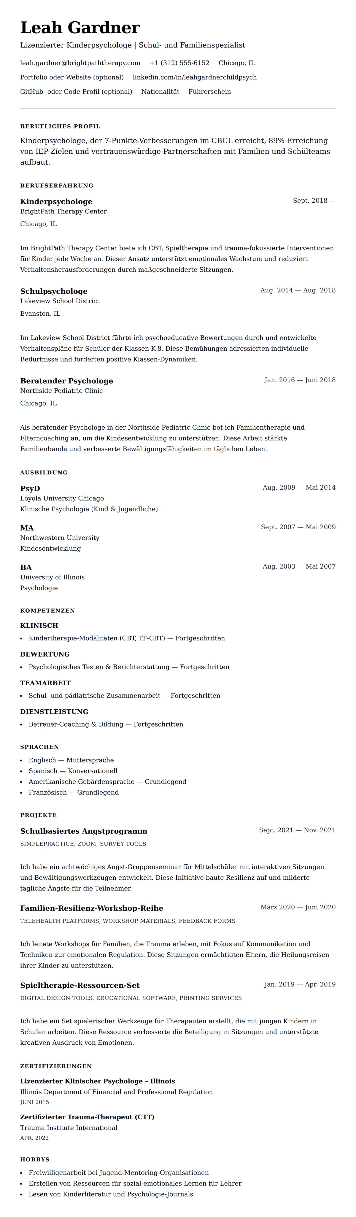 Lebenslaufvorschau für Lebenslaufbeispiel für Kinderpsychologen