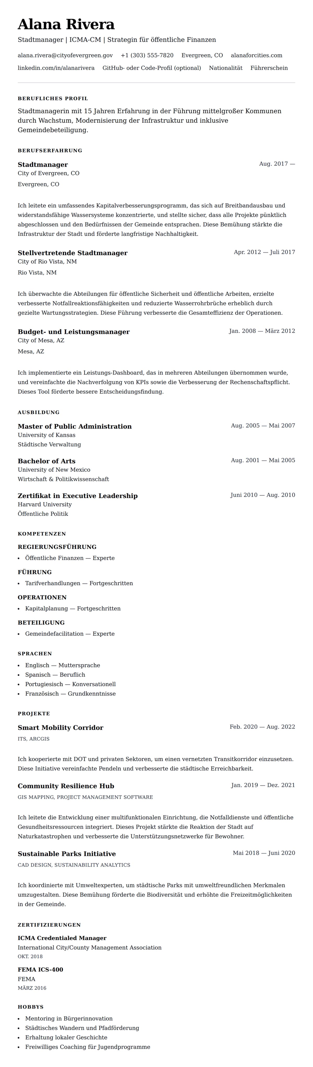 Lebenslaufvorschau für Stadtmanager Lebenslaufbeispiel