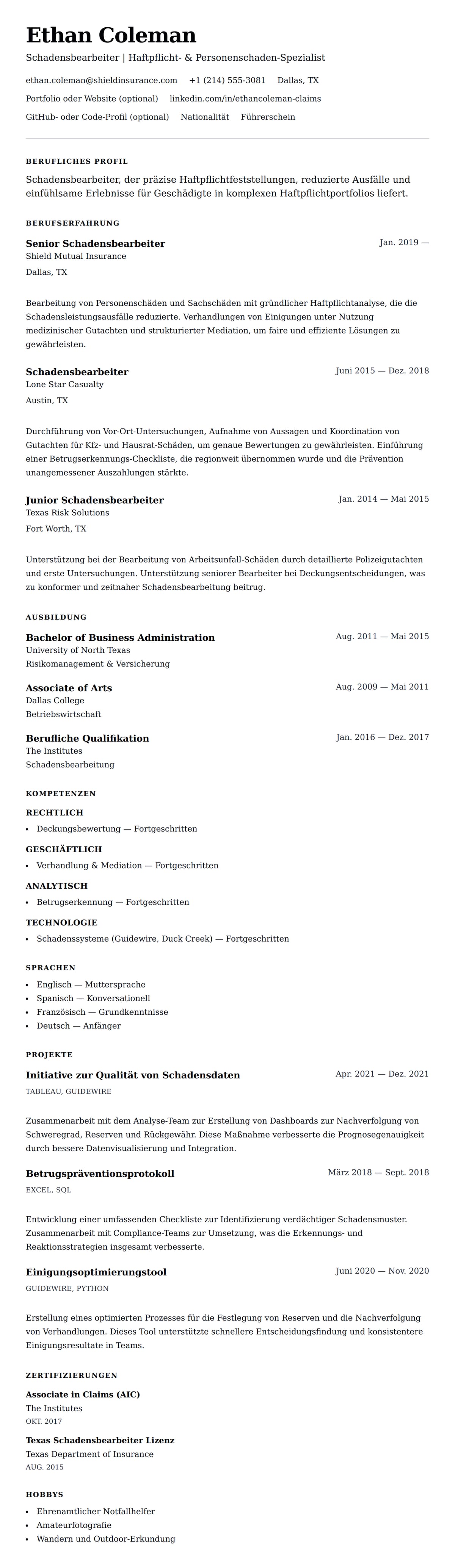 Lebenslaufvorschau für Schadensbearbeiter Lebenslauf-Beispiel