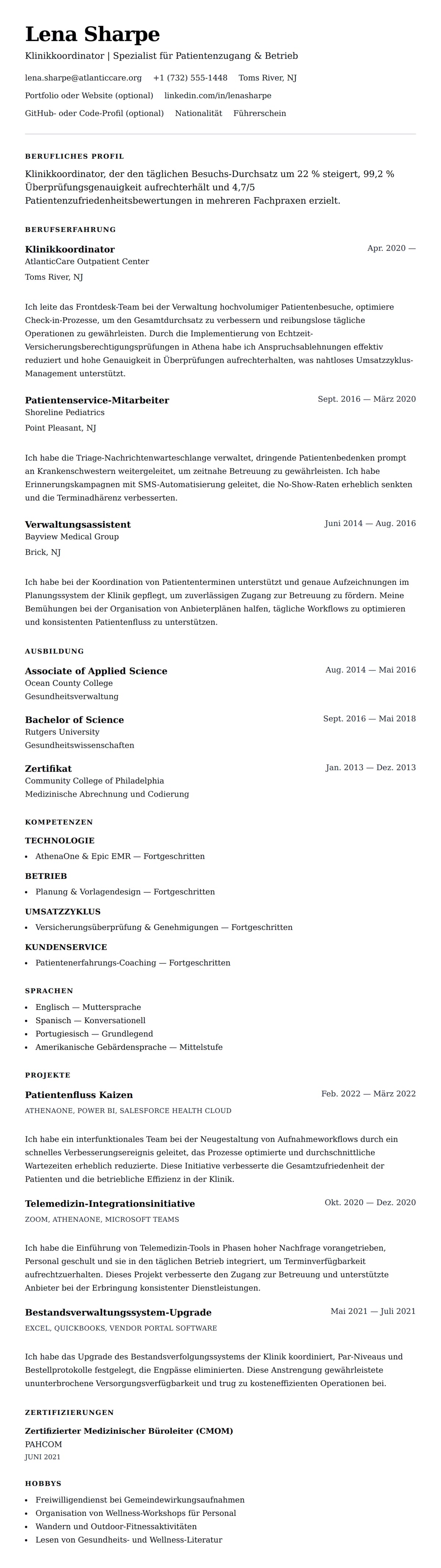 Lebenslaufvorschau für Klinikkoordinator Lebenslaufbeispiel