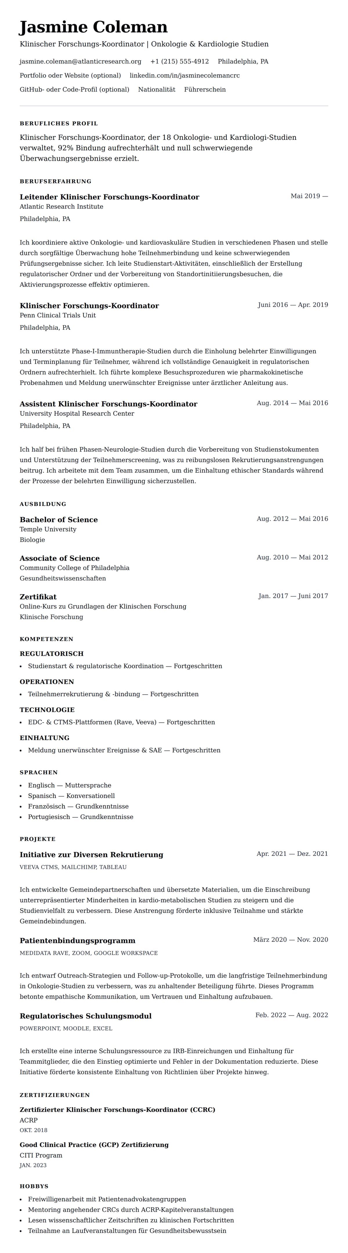 Lebenslaufvorschau für Lebenslaufbeispiel für Klinischen Forschungs-Koordinator