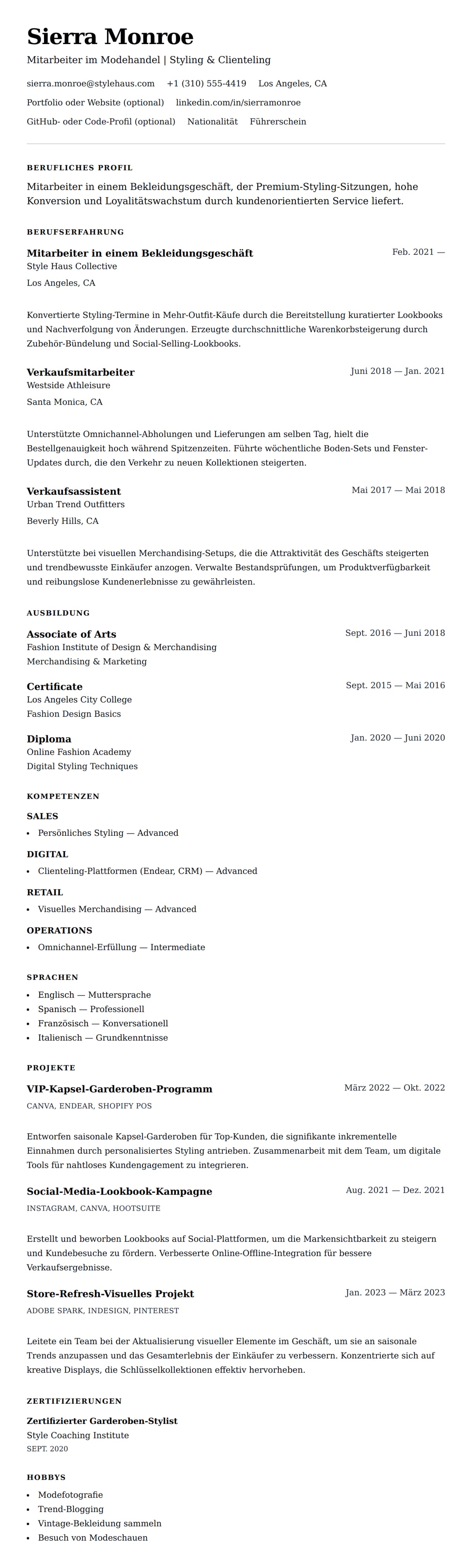 Lebenslaufvorschau für Lebenslaufbeispiel für Mitarbeiter in einem Bekleidungsgeschäft