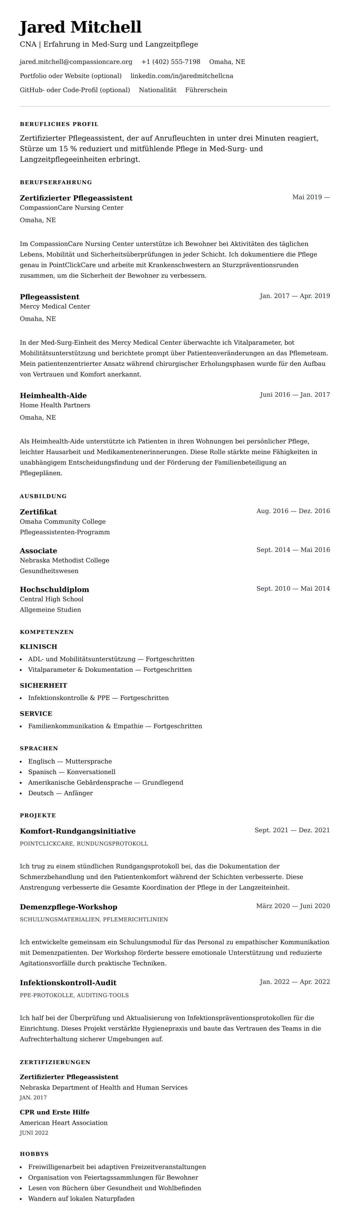 Lebenslaufvorschau für Lebenslaufbeispiel für Zertifizierten Pflegeassistenten (CNA)