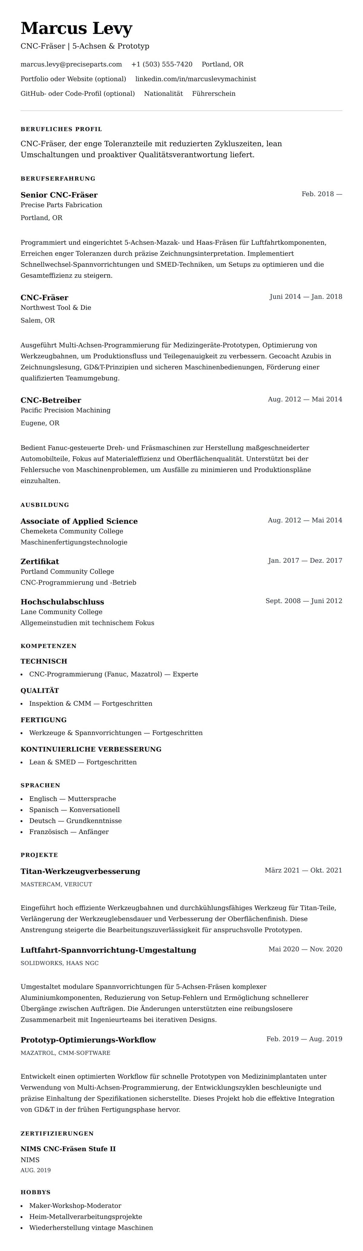 Lebenslaufvorschau für CNC-Fräser Lebenslauf-Beispiel