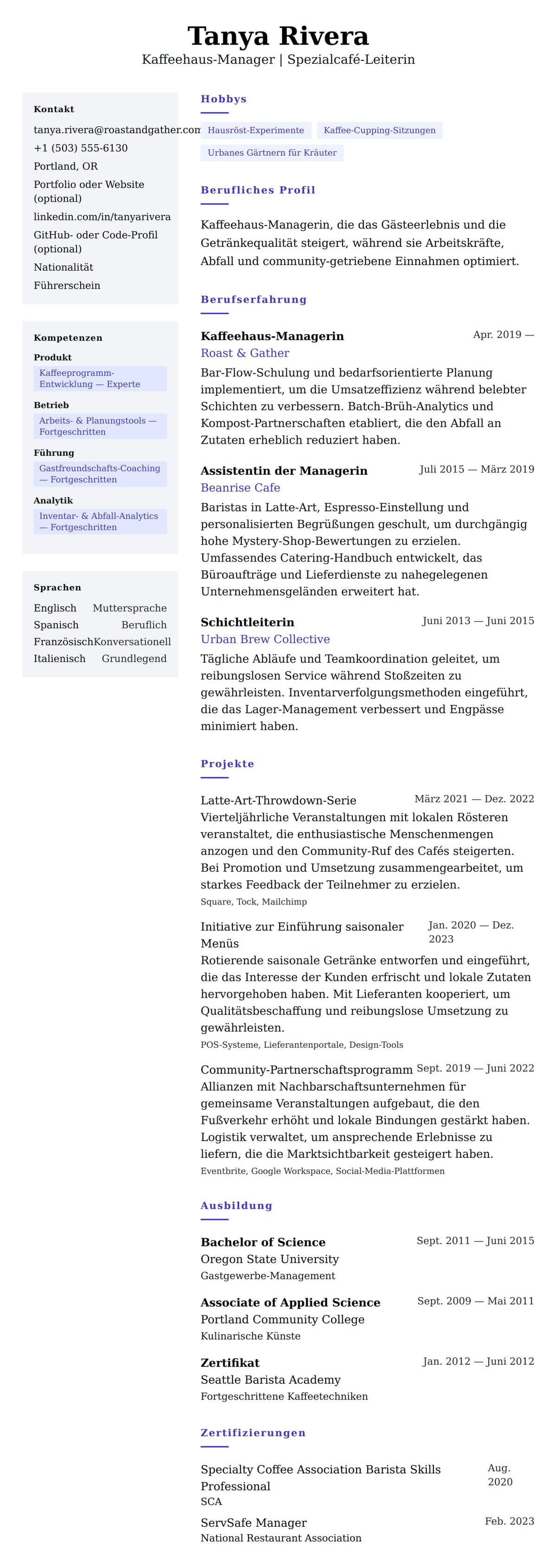 Lebenslaufvorschau für Lebenslaufbeispiel für Kaffeehaus-Manager