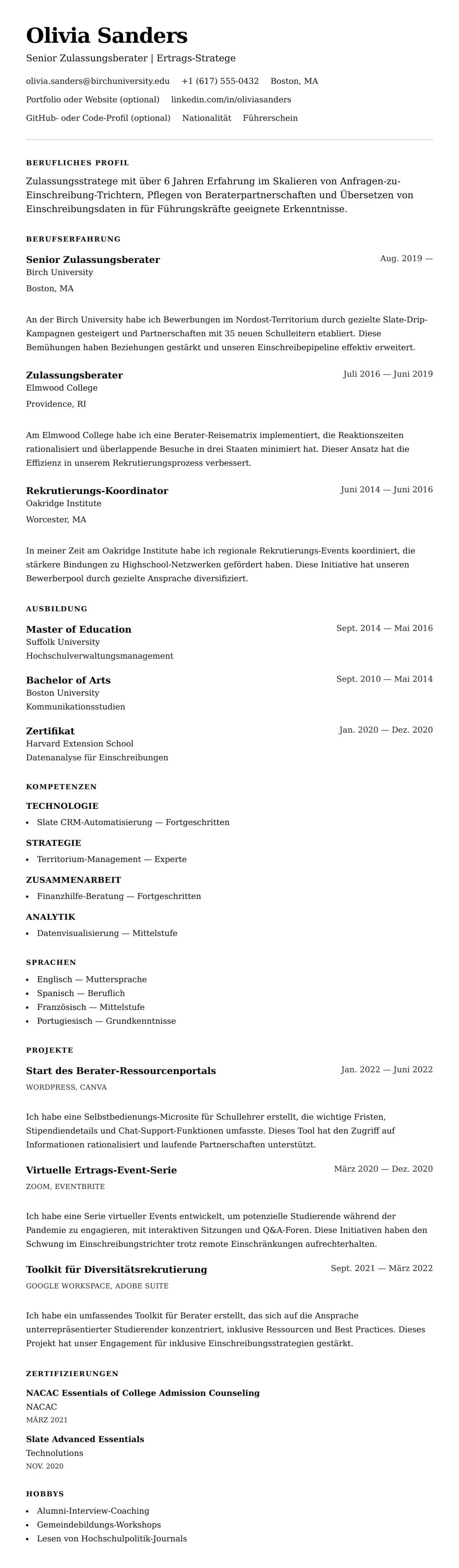 Lebenslaufvorschau für Lebenslauf-Beispiel für College-Zulassungsberater