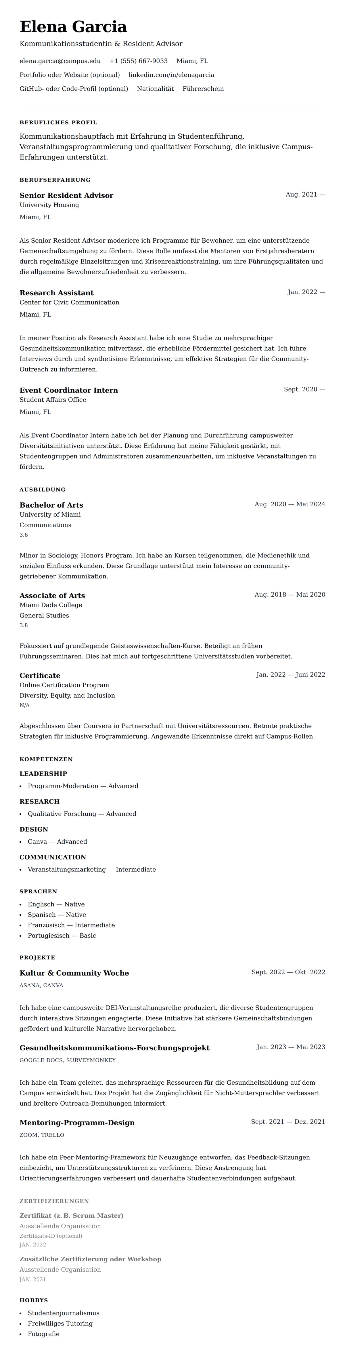 Lebenslaufvorschau für College-Student Lebenslauf-Beispiel