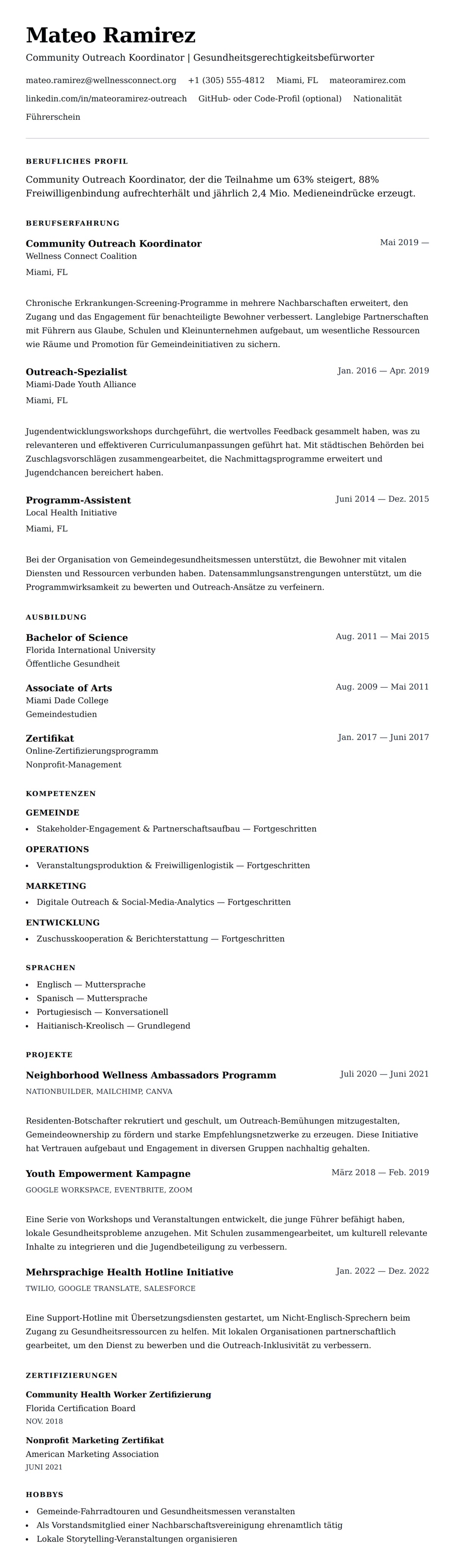 Lebenslaufvorschau für Community Outreach Koordinator Lebenslaufbeispiel