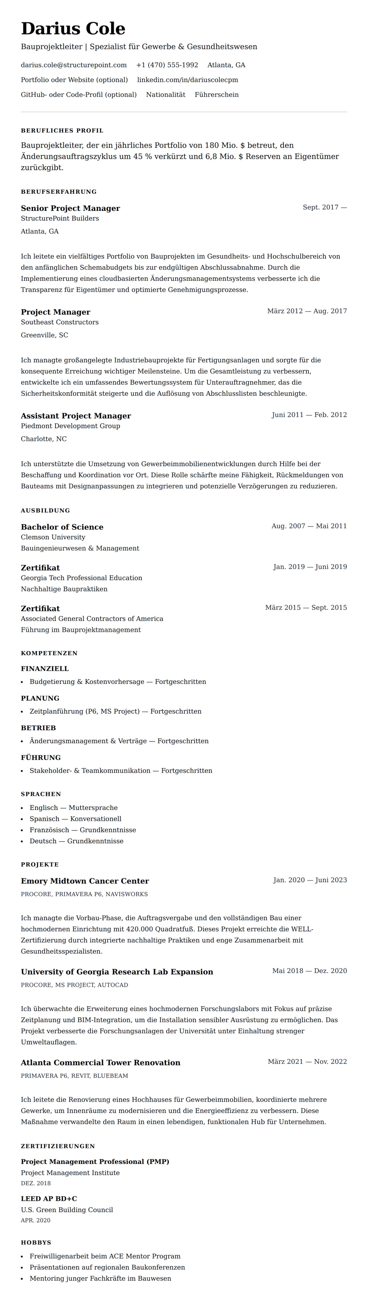 Lebenslaufvorschau für Lebenslaufbeispiel für Bauprojektleiter