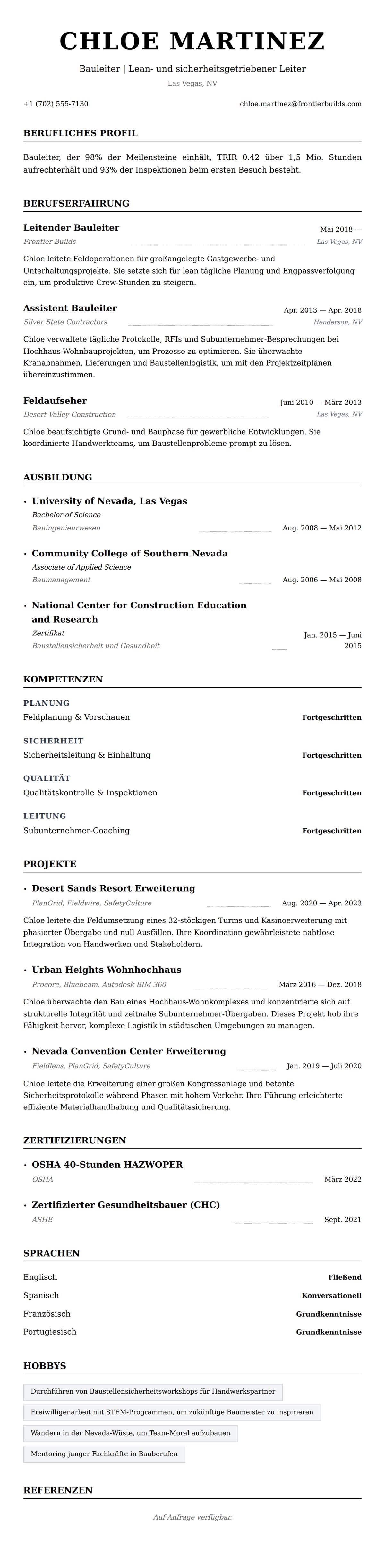 Lebenslaufvorschau für Bauleiter Lebenslauf-Beispiel