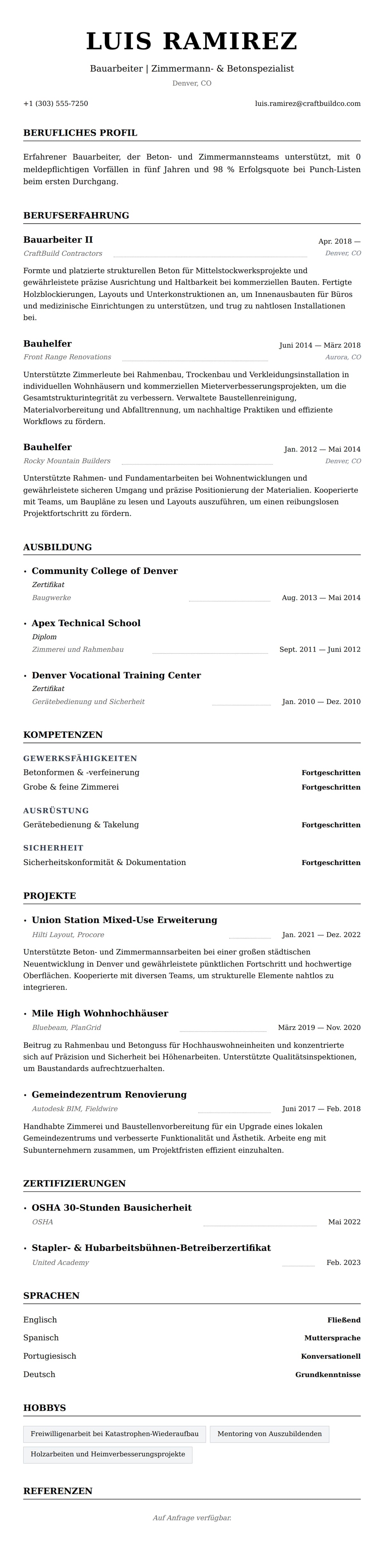 Lebenslaufvorschau für Bauarbeiter Lebenslaufbeispiel
