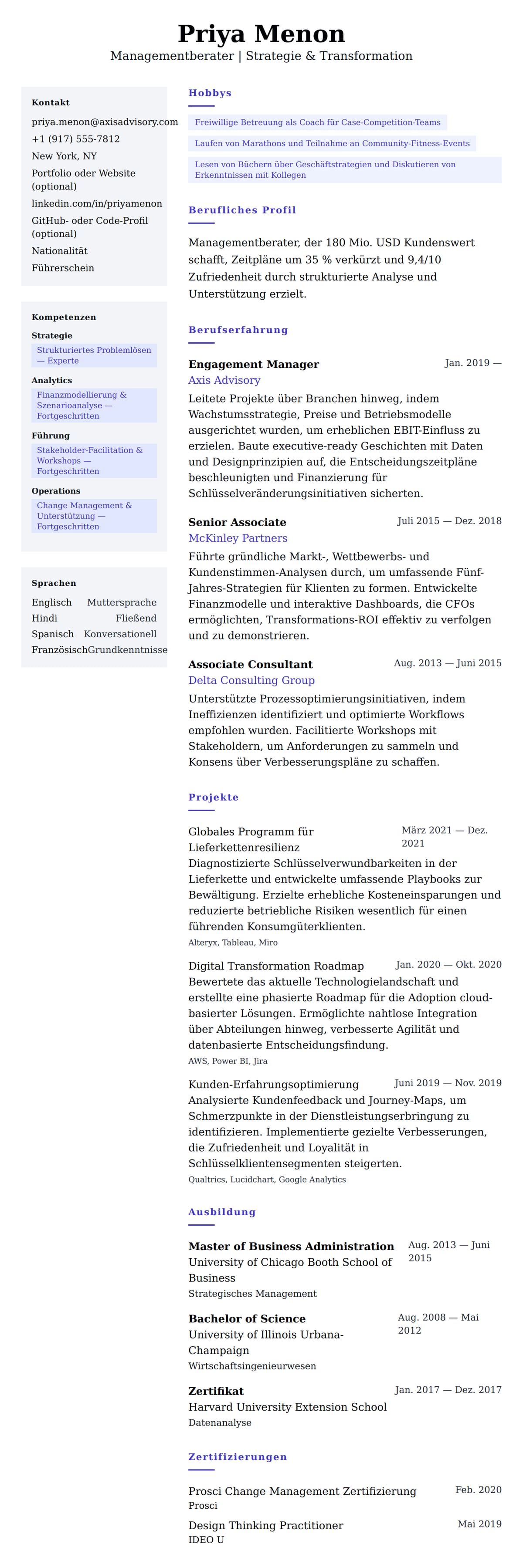 Lebenslaufvorschau für Managementberater Lebenslauf-Beispiel