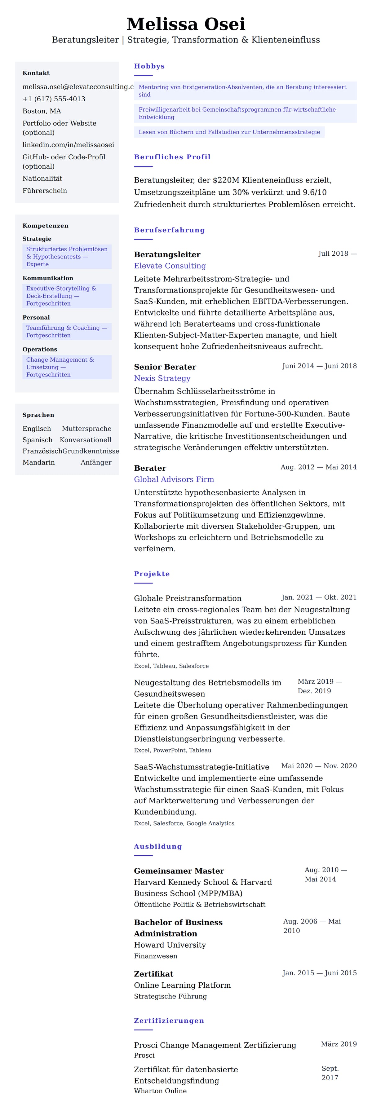 Lebenslaufvorschau für Beispiel-Lebenslauf für Beratungsleiter