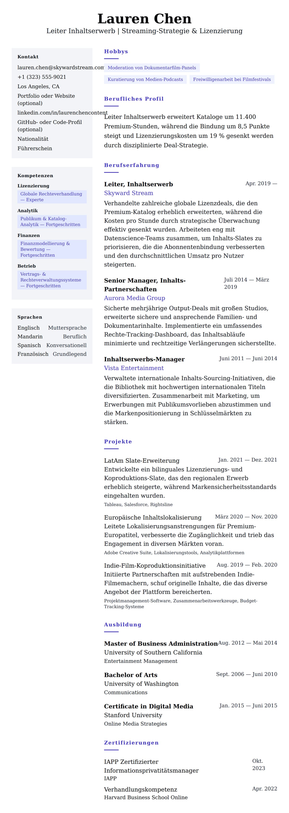 Lebenslaufvorschau für Lebenslaufbeispiel für Leiter Inhaltserwerb