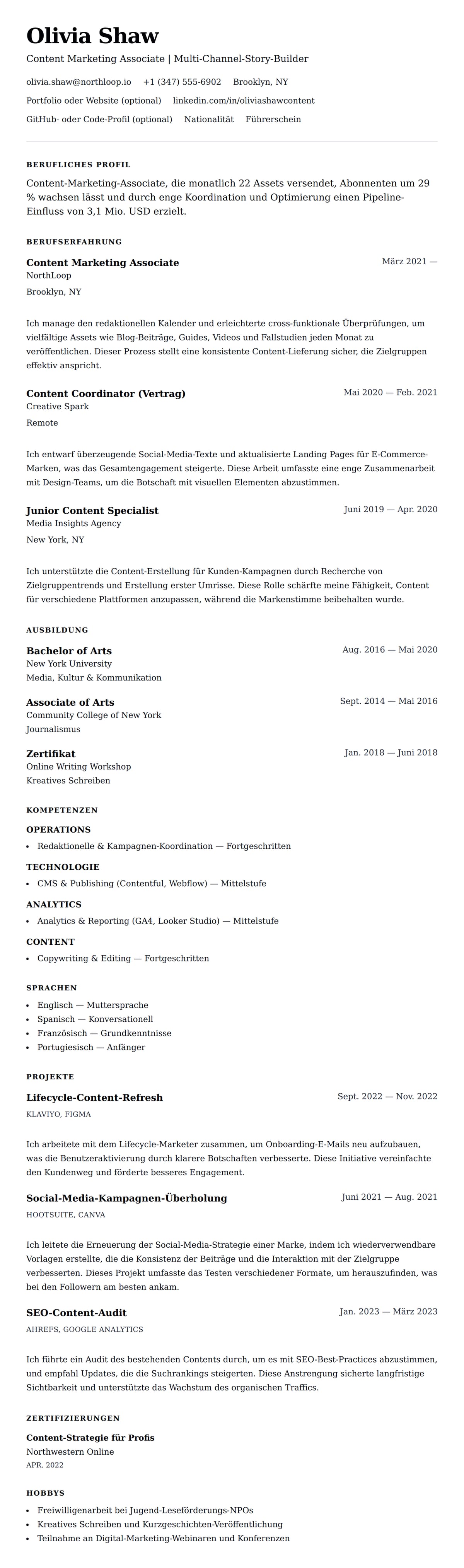 Lebenslaufvorschau für Content Marketing Associate Lebenslauf-Beispiel