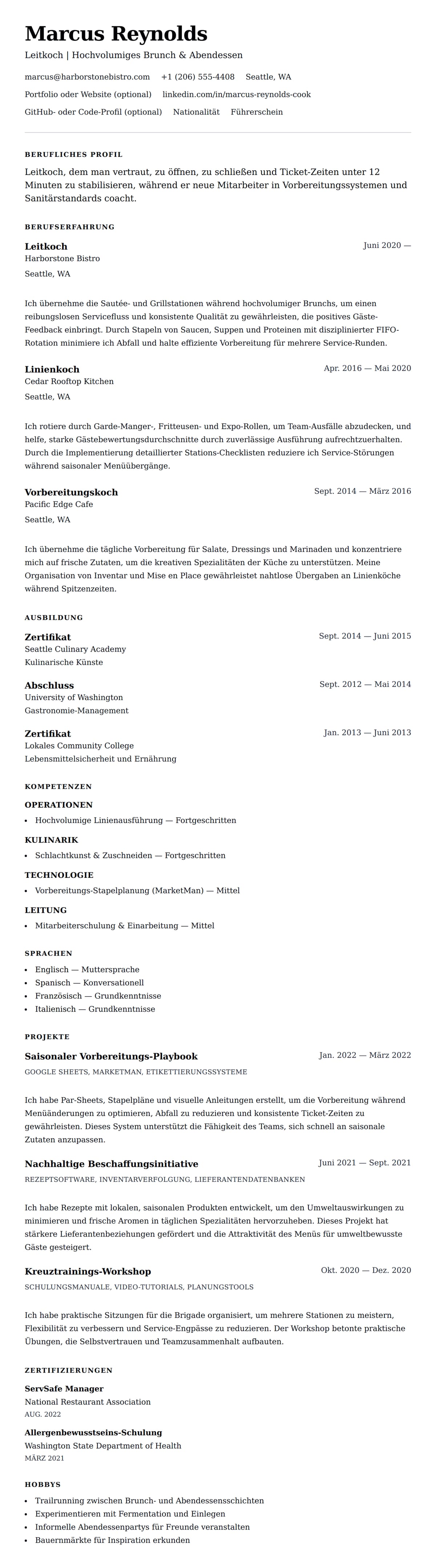 Lebenslaufvorschau für Koch-Lebenslauf-Beispiel