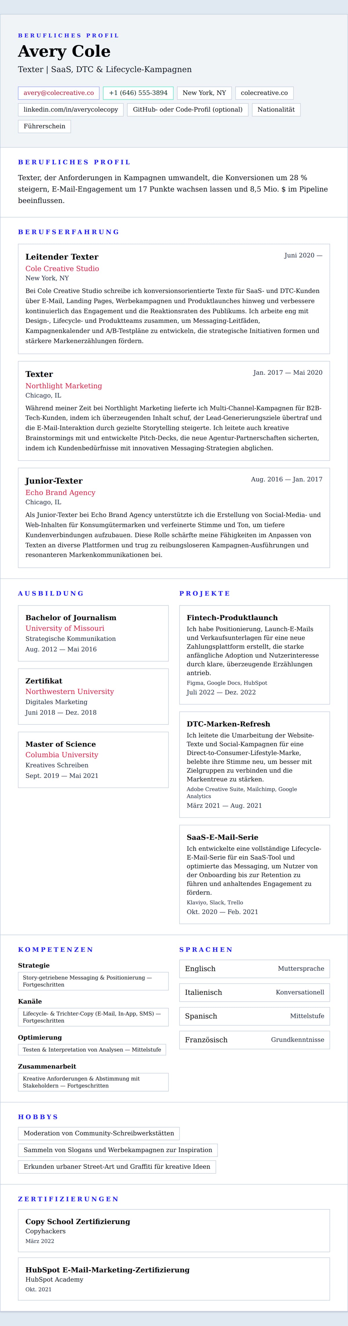 Lebenslaufvorschau für Lebenslaufbeispiel für Texter