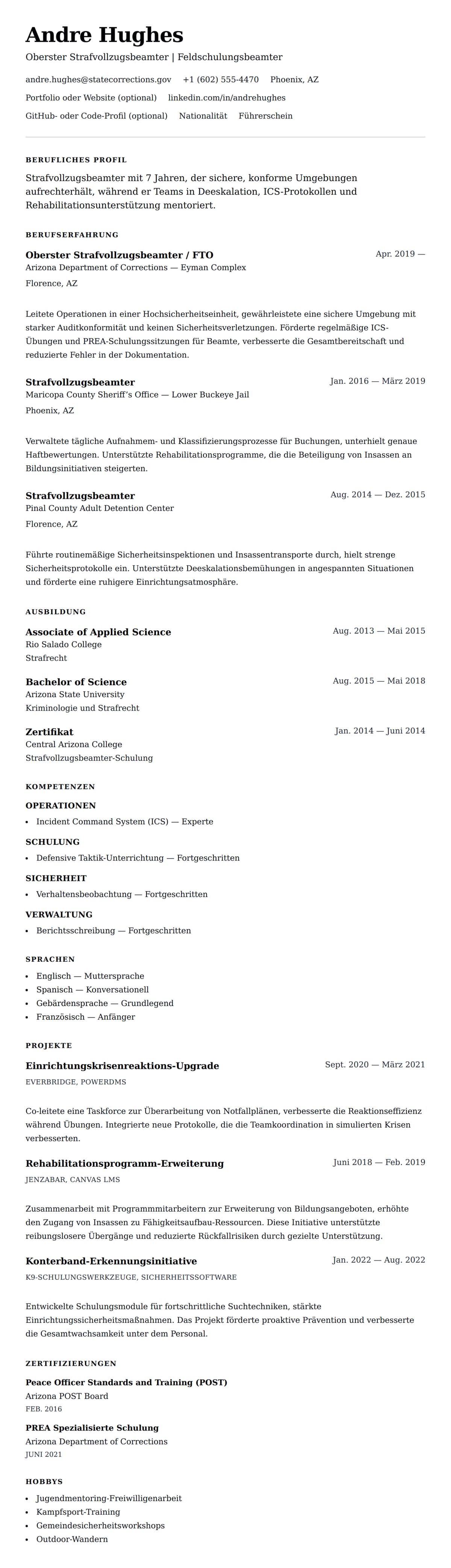 Lebenslaufvorschau für Strafvollzugsbeamter Lebenslauf-Beispiel